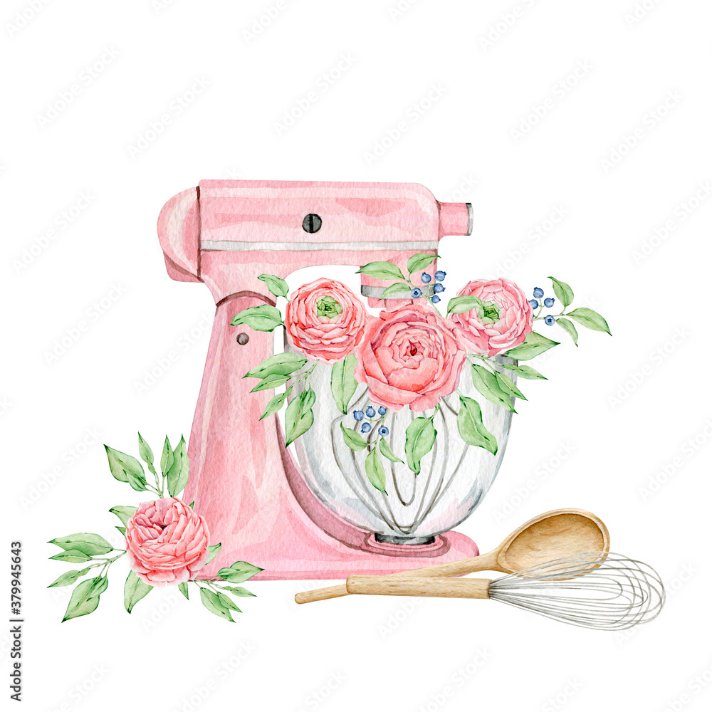 Watercolor pink mixer for creating diy bakery logo Stock Illustration