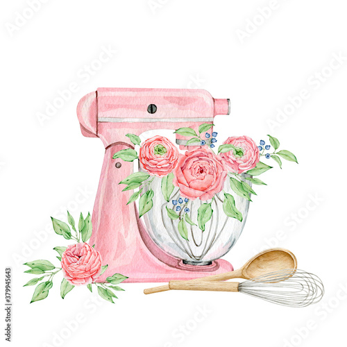 Watercolor pink mixer for creating diy bakery logo