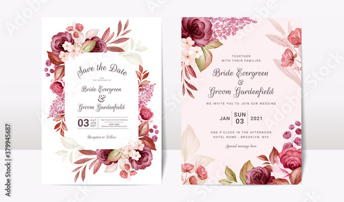 Floral wedding invitation template set with elegant burgundy and brown roses flowers and leaves decoration. Botanic card design concept