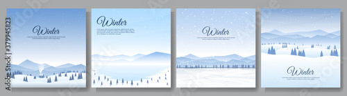 Vector illustration. Flat winter landscape. Snowy backgrounds. Snowdrifts.  Snowfall. Clear blue sky. Blizzard. Snowy weather. Winter season. Design elements for social media, blog post, web template