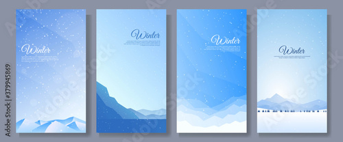 Vector illustration. Flat winter landscape. Snowy backgrounds. Snowdrifts. Snowfall. Clear blue sky. Blizzard. Design elements for card  invitation  social media stories  discount voucher  flyers.