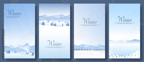 Vector illustration. Flat winter landscape. Snowy backgrounds. Snowdrifts. Snowfall. Clear blue sky. Blizzard. Design elements for card, invitation, social media stories, discount voucher, flyers.