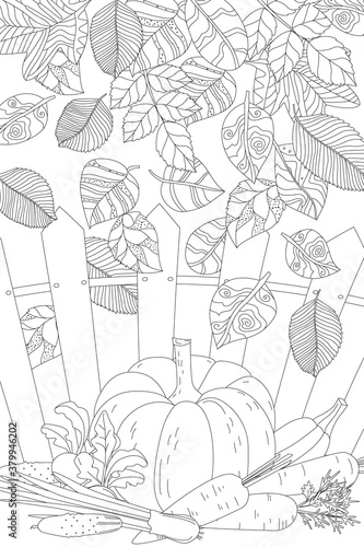 falling autumn fancy leaves, heap of fresh vegetables and fruits