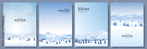 Vector illustration. Flat winter landscape. Snowy backgrounds. Snowdrifts. Snowfall. Clear blue sky. Blizzard. Snowy weather. Design elements for poster, book cover, brochure, magazine, flyer, booklet