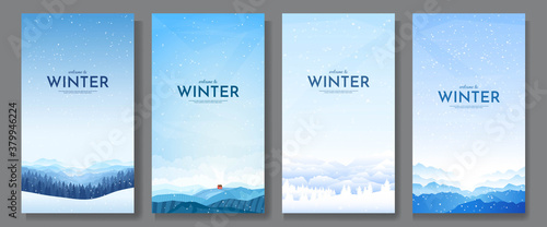 Vector illustration. Flat winter landscape. Snowy backgrounds. Snowdrifts. Snowfall. Clear blue sky. Blizzard. Design elements for card, invitation, social media stories, discount voucher, flyers.
