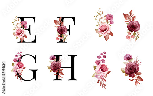 Watercolor floral alphabet set of E, F, G, H with red and brown flowers and leaves. Flowers composition for logo, cards, branding, etc