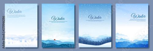 Vector illustration. Flat winter landscape. Snowy backgrounds. Snowdrifts. Snowfall. Clear blue sky. Blizzard. Snowy weather. Design elements for poster, book cover, brochure, magazine, flyer, booklet