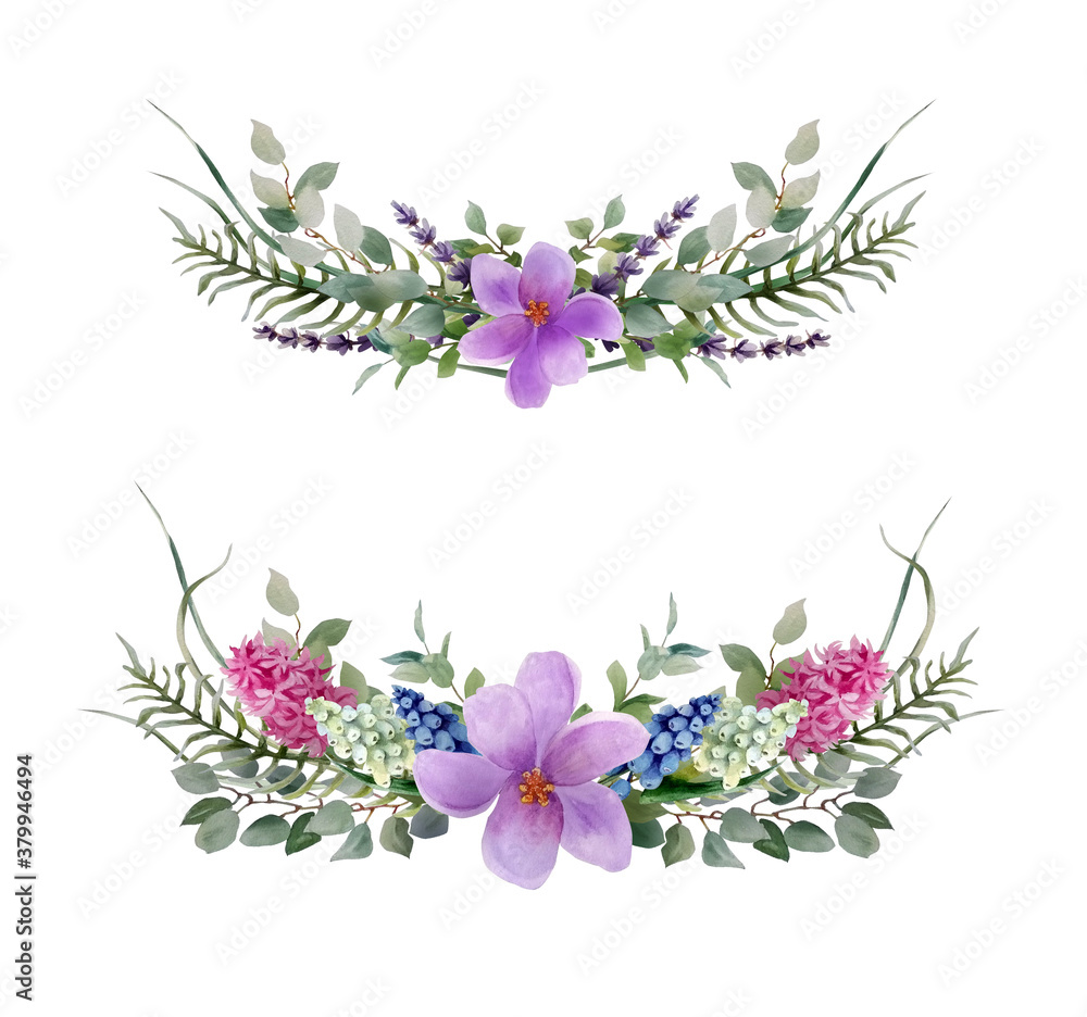 watercolor flower arrangement of branches, leaves of eucalyptus, fern, lavender with flowers of Crocuses and hyacinths