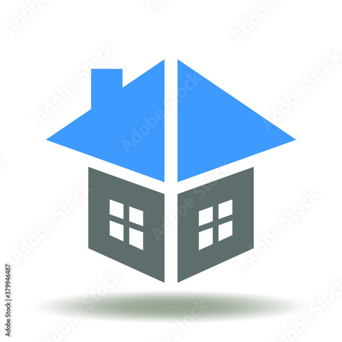 House Building Private Construction Conceptual 3D Model Logo. Real Estate Architecture BIM Cottage Symbol.