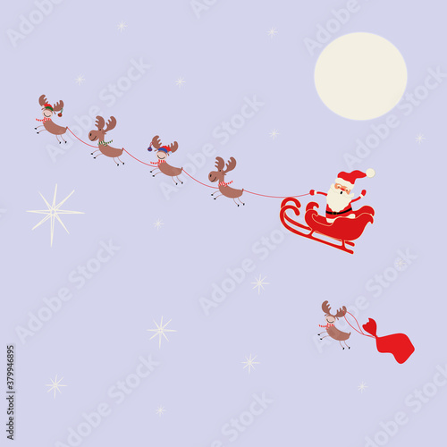 Reindeer pulling a sleigh from Santa Claus - cute funny Christmas illustrations isolated on a blue background