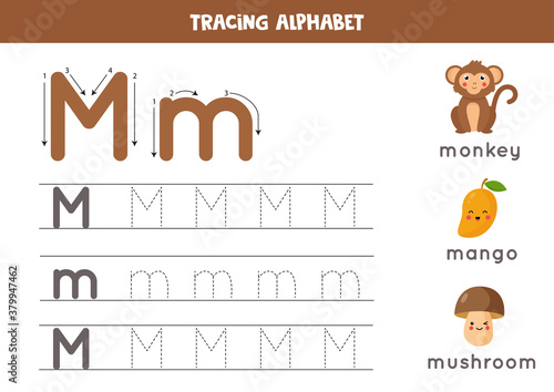 Tracing alphabet letter M with cute cartoon pictures.
