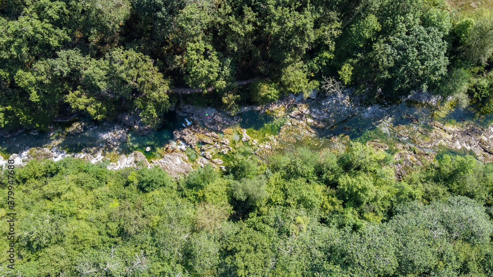 Playa fluvial del dobra, Olla de San Vicente, Dobra river, National park Los picos de Europa, natural swimming pools, made with drone, Asturias, Spain Playa fluvial del dobra, Olla de San Vicente, Dobra river, National park Los picos de Europa, natural swimming pools, made with drone, Asturias, Spain