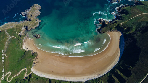 Playa de Torimbia, Torimbia beach,  Barro, Llanes, Asturia, Asturias, north Spain, view from the air, dron, drone