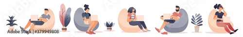 People working at home office, Flat style cartoon faceless character. Lifestyle, self isolation, freelance, pandemic concept. Minimal vector illustration set.