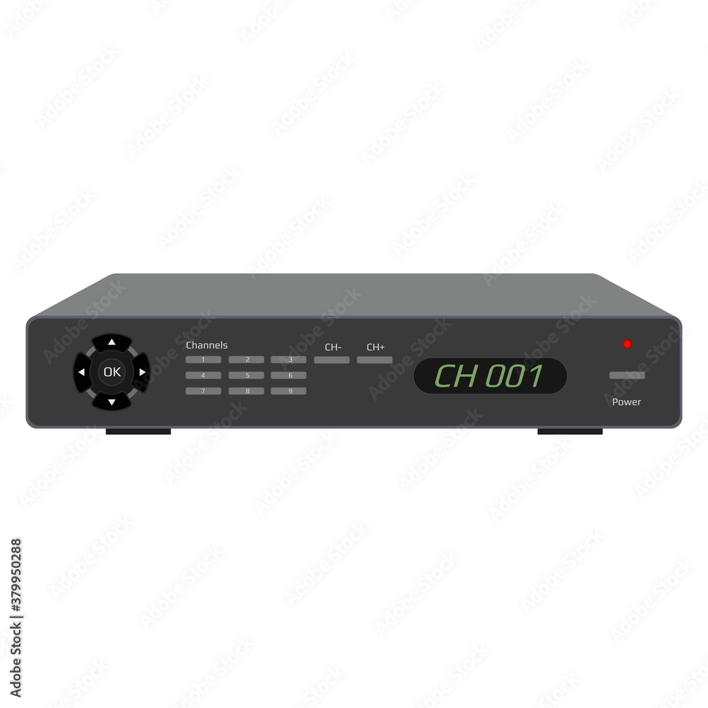 Realistic satellite receiver with display, USB ports and control buttons. TV control device isolated on white. Vector EPS 10. Realistic satellite receiver with display, USB ports and control buttons. TV control device isolated on white. Vector EPS 10.