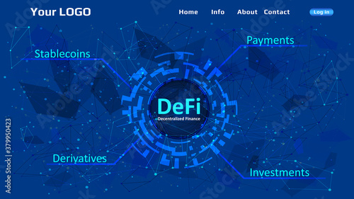 Defi - decentralized finance website template on blue abstract polygonal background. Website header layout. Ecosystem of financial applications and services. Vector EPS10.