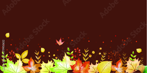 Watercoloured autumn floral background multicolor with leaves and florals in a maroon backdrop.
