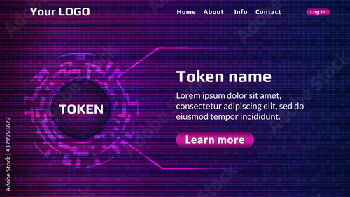 Digital cryptocurrency token website home page template. Altcoin name in digital circle and short description with hot offer. Website header layout. EPS10 vector.