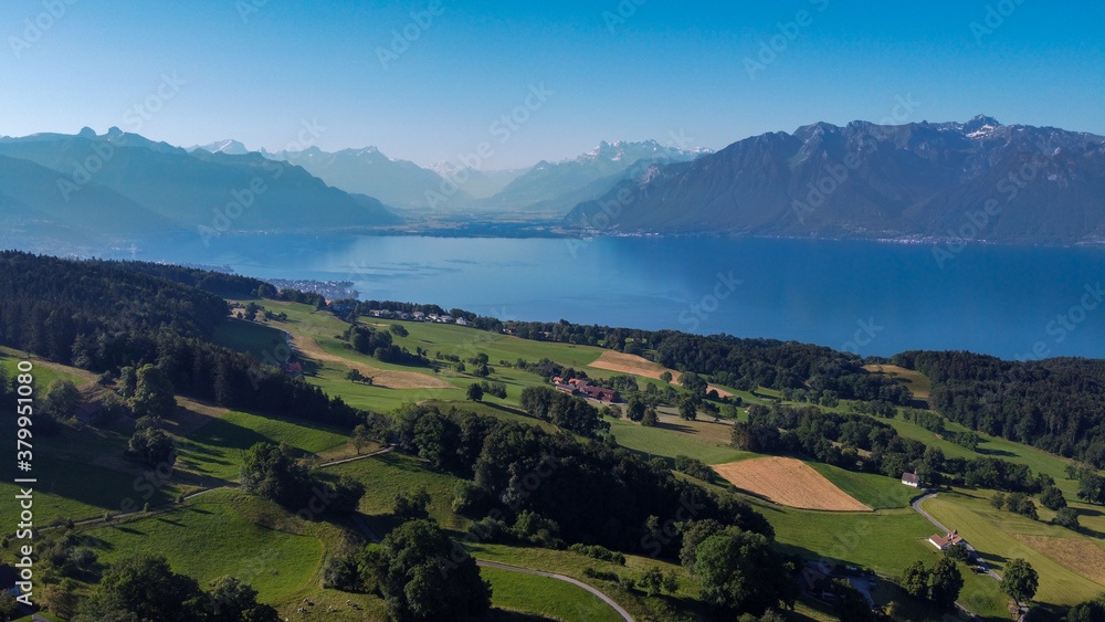 Geneva lake view, made by drone, mount pelerin near Lausanne, Vevey, vien on  Montreux, summer in Switzerland, view of alps