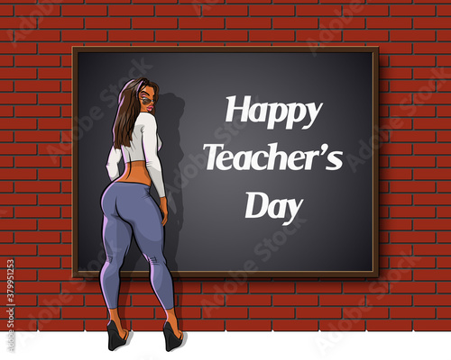 Happy Teacher's Day. Kind woman teacher stands blackboard. Teacher greeting card World teacher's day concept school student girl learning education graphic freehand illustration icon black chalkboard