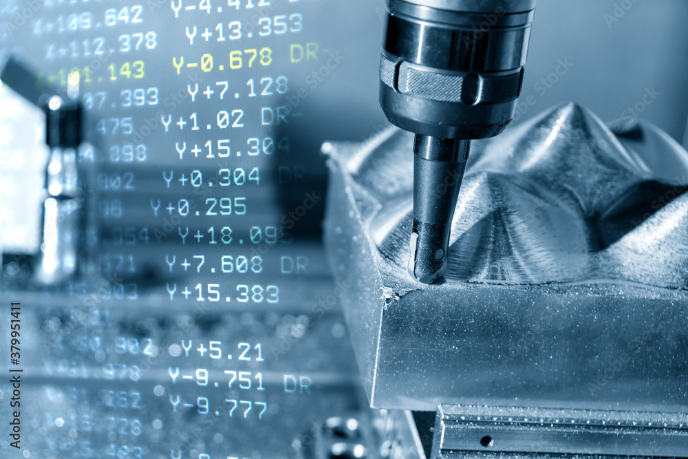 Abstract scene of CNC milling machine and G-code data background. The ...