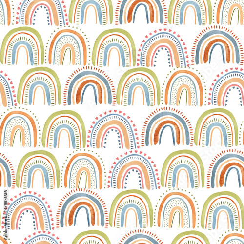 Cute watercolor hand drown vector seamless pattern with colorful pastel rainbows