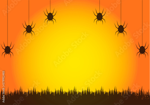 Fondo de cielo naranja con siluetas de arañas.