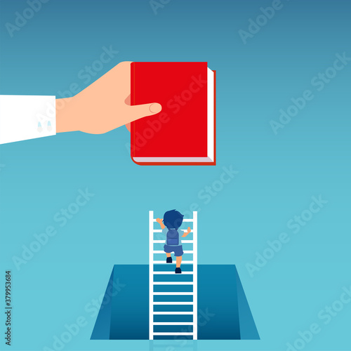 Vector of a little boy climbing up a ladder to gain knowledge