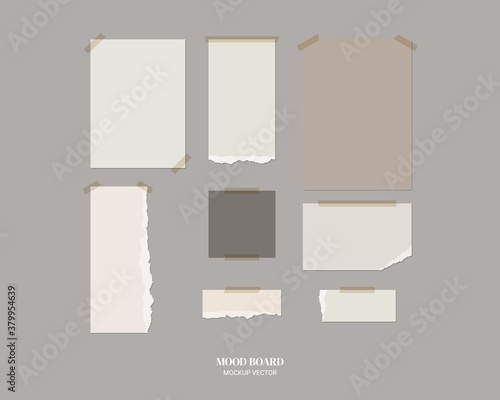 Mood board mockup template. Empty sheets of white paper on the wall with shadow overlay. Mockup vector isolated. Template design. Realistic vector illustration.