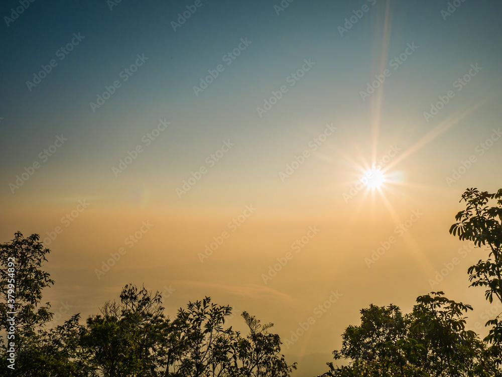 Beautiful sunrise and sea of the fog or mist on top of Phu Kradueng mountain national park in Loei City Thailand.Phu Kradueng mountain national park the famous Travel destination
