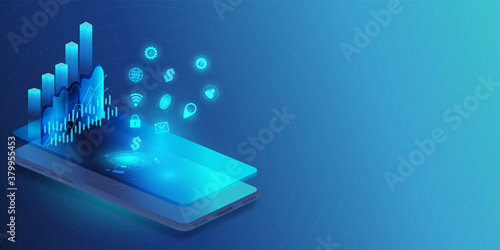 Application of mobile phone with business graph and analytics data on isometric Smartphone. Analysis stock trends and financial strategy. Vector illustration.