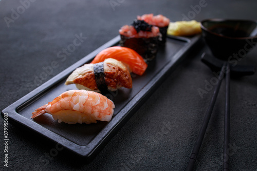 gunkan and nigiri sushi set decorated with caviar