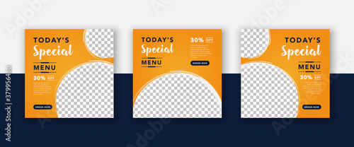 Set of fast food restaurant social media post culinary promotion & web banner. Food menu instagram stories post and square flyer, poster vector template. Navy blue and orange background color