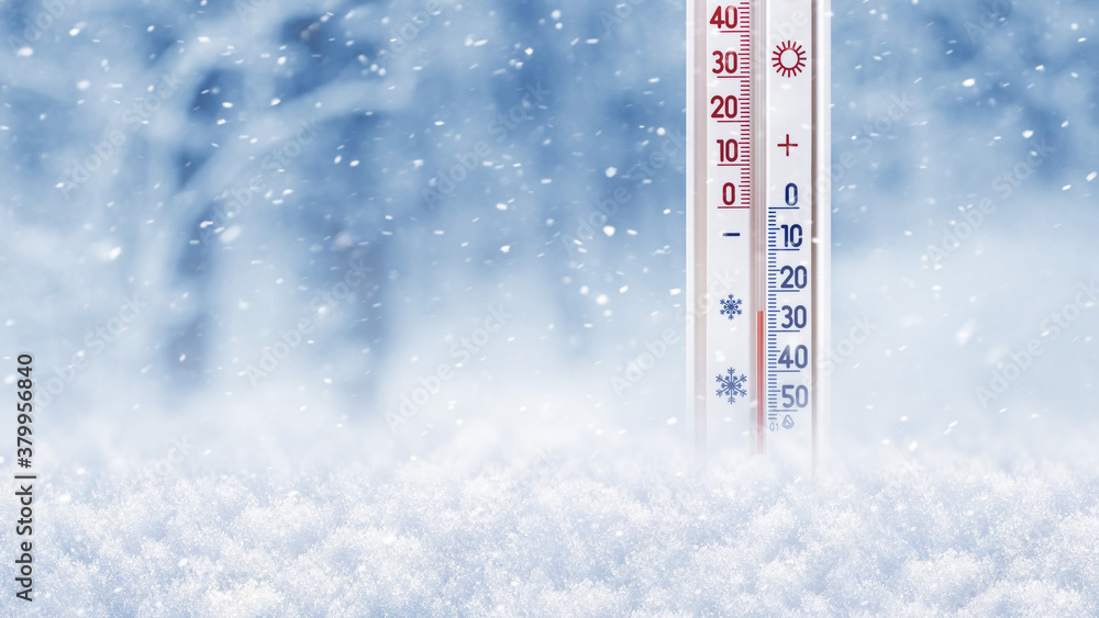 Obraz premium Thermometer in the snow on a background of winter forest shows 25 degrees below zero