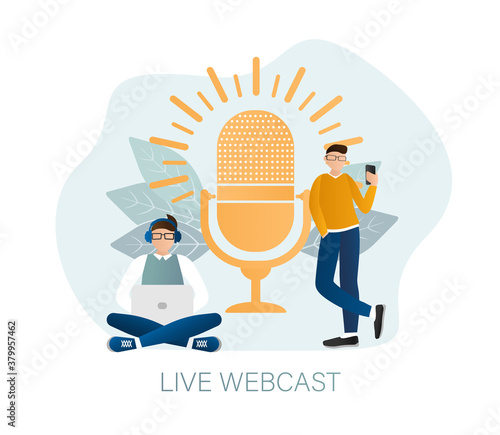 Live webcast in flat style with people. Listen to podcast. Flat illustration. Vector illustration.