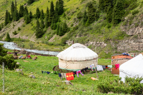 Traditional Kazakh nomadic tent called yurt on the green summer pasture. 