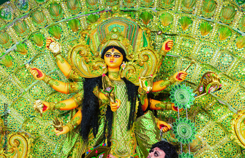 Close up view of Maa Durga's Face during Durga Puja festival. Durga Puja or Durgotsava,is an annual Hindu festival celebrated mainly in West Bengal,India.