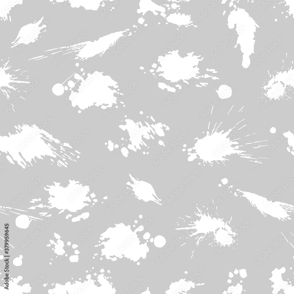 Vector grey seamless pattern with ink splash, blot and brush stroke spot spray smudge, spatter, splatter, drip, drop, ink smudge smears Grunge textured elements design background. Vector grey seamless pattern with ink splash, blot and brush stroke spot spray smudge, spatter, splatter, drip, drop, ink smudge smears Grunge textured elements design background.