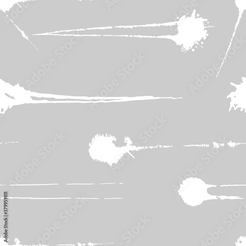 Vector grey seamless pattern with ink splash, blot and brush stroke spot spray smudge, spatter, splatter, drip, drop, ink smudge smears Grunge textured elements design background.