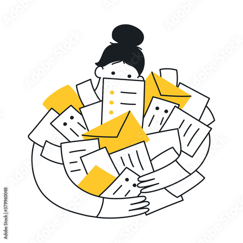 The girl holds her hands in front of her eyes in the form of binoculars. Search, vision, exploration, looking for something, and discovery concept. Flat line elegance vector illustration