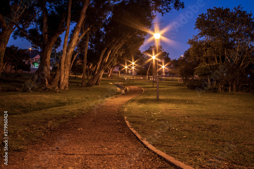 Streetlights illuminated along a winding small dirt path, running through a park filled with trees, Cape Town, South Africa
