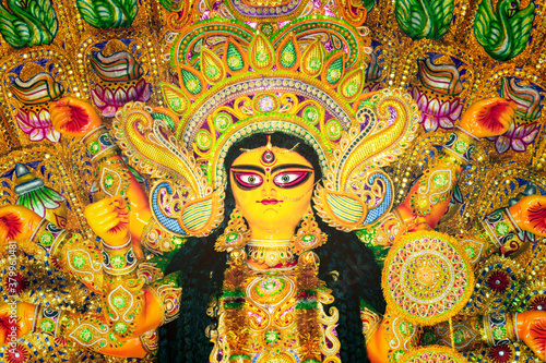 Close up view of Maa Durga's Face during Durga Puja festival. Durga Puja or Durgotsava,is an annual Hindu festival celebrated mainly in West Bengal,India.