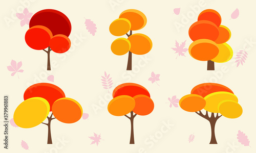 Collection Of Autumn Trees, isolated. Simple collection of autumn trees of different shapes. Colorful garden tree, autumnal garden bush and fall season tree leaves. Vector illustration icons set.