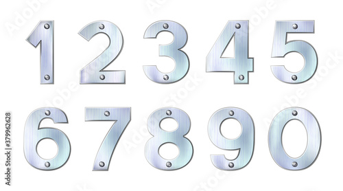 Set of sanded metal or silver numbers. Realistic plates with rivets isolated on white background. Chrome, nickel design. Vector illustration.