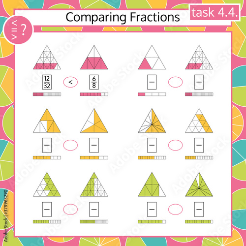 Comparing Fractions Mathematical Worksheet Set. Math Puzzle. Educational Game. 