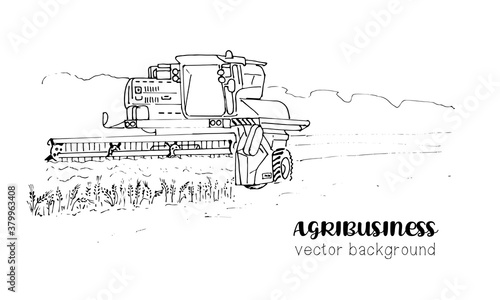 Agribusiness, combine harvester in the wheat field. Black and white illustration for agricultural business, isolated on a white background.