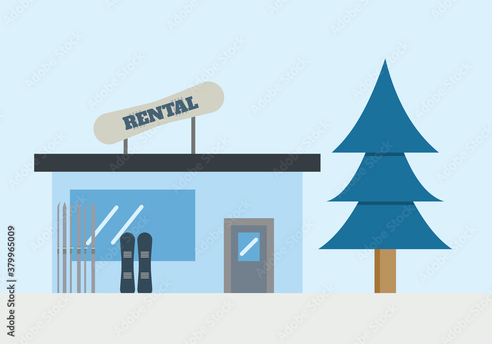 Winter rental shop with skis and snowboard near the shop window. Illustration for presentation of ski resort or active rest. Winter rental shop with skis and snowboard near the shop window. Illustration for presentation of ski resort or active rest.