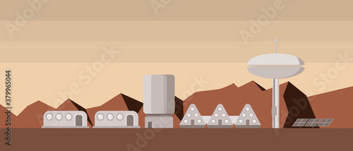 Concept of Mars colonization. Explorer settlement on Mars. Flat vector illustration.