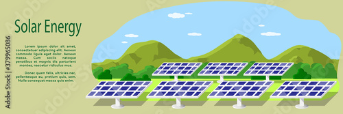 Banner with the image of solar panels on the background of mountains and greenery in the distance. The concept of renewable, alternative ecological green solar energy. Flat style. Vector illustration