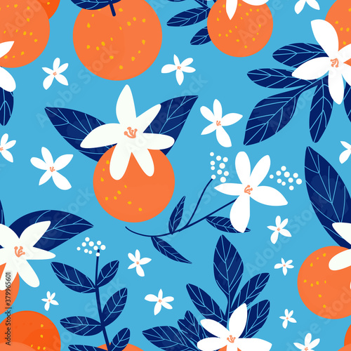 Vector seamless oranges illustration on blue background. Vector floral oranges illustration. Oranges wallpaper.